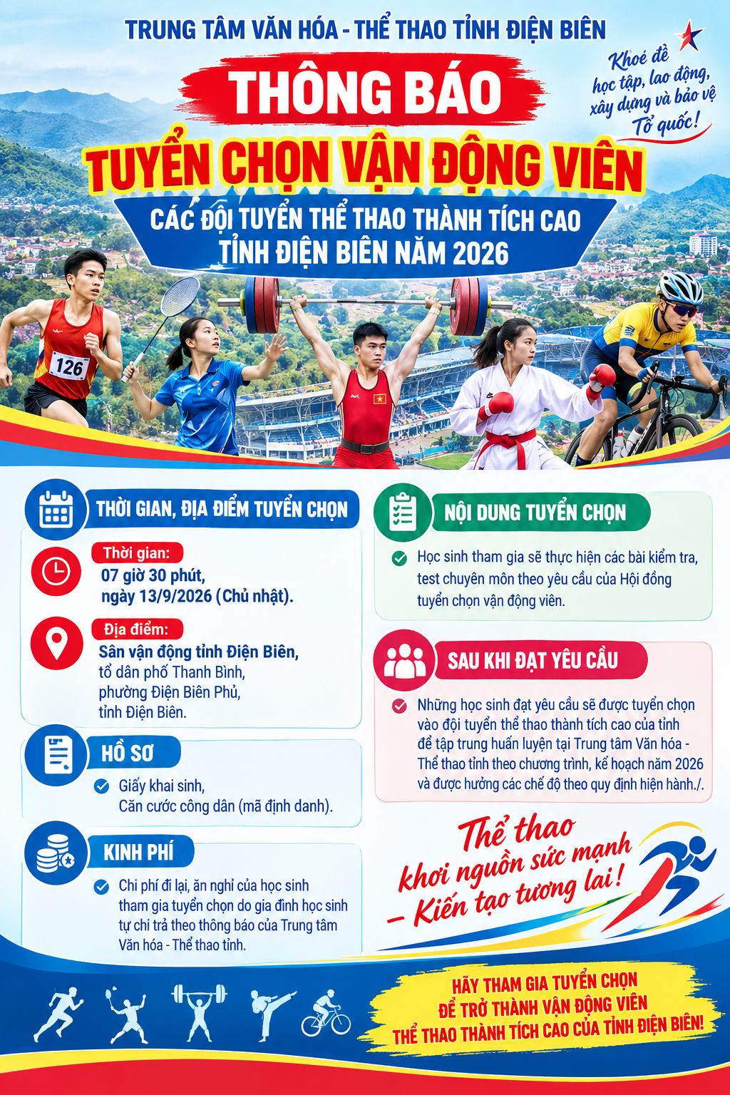 Trung tâm Văn hoá - Thể thao tỉnh Điện Biên thông báo tổ chức tuyển chọn vận động viên các đội tuyển thể thao thành tích cao tỉnh Điện Biên năm 2026