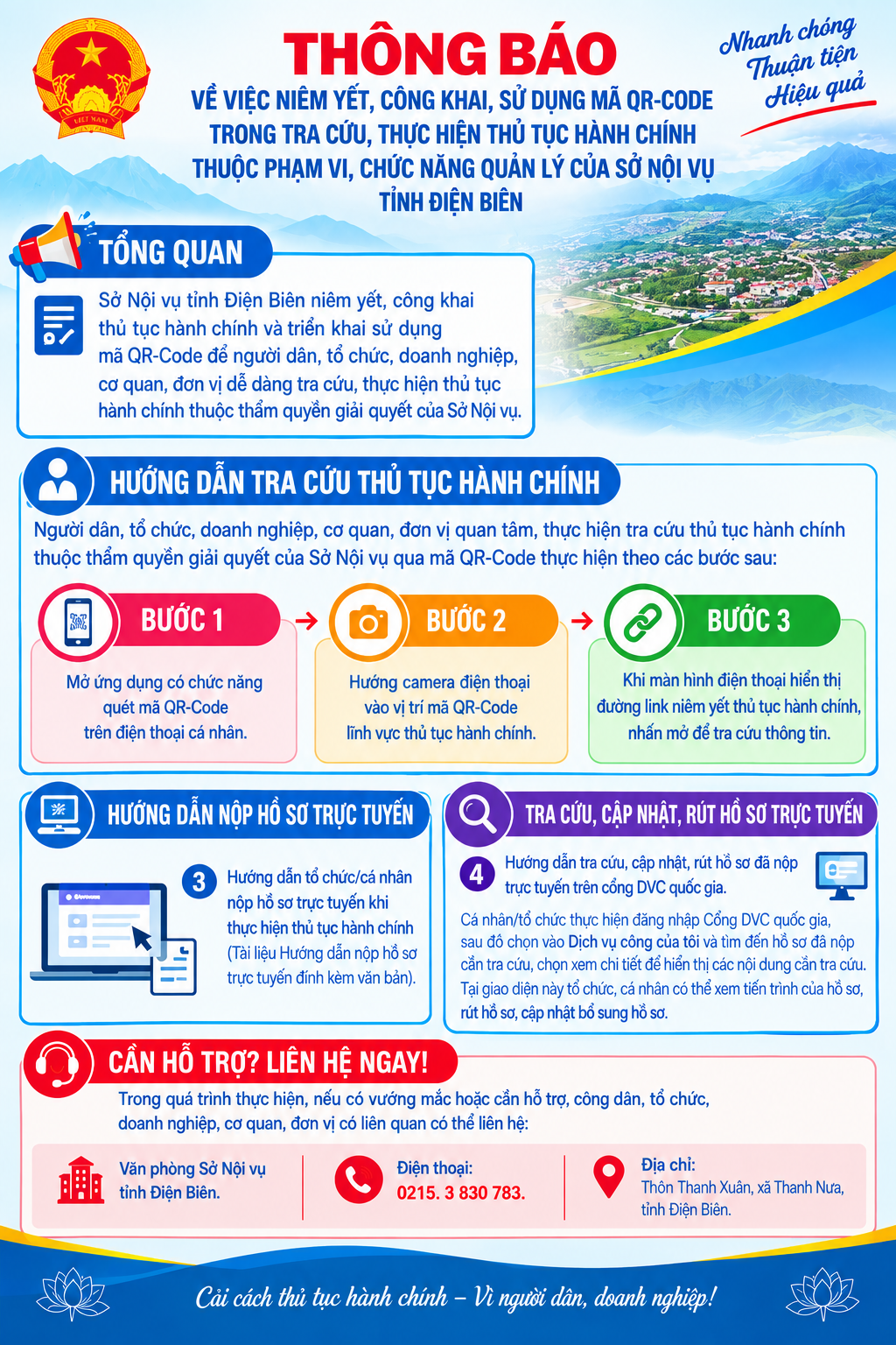 Thông báo về việc niêm yết, công khai, sử dụng mã QR-Code trong tra cứu, thực hiện thủ tục hành chính thuộc phạm vi, chức năng quản lý của Sở Nội vụ tỉnh Điện Biên