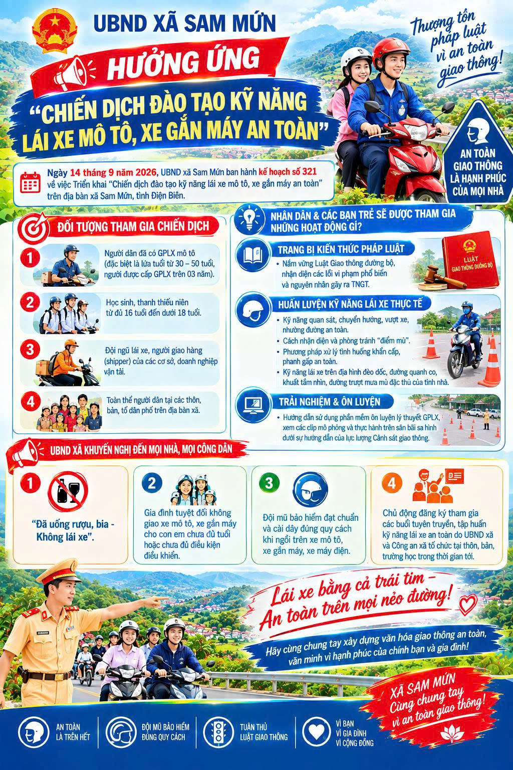 UBND xã Sam Mứn Hưởng ứng "Chiến dịch đào tạo kỹ năng lái xe môtô, xe gắn máy an toàn" trên địa bàn xã