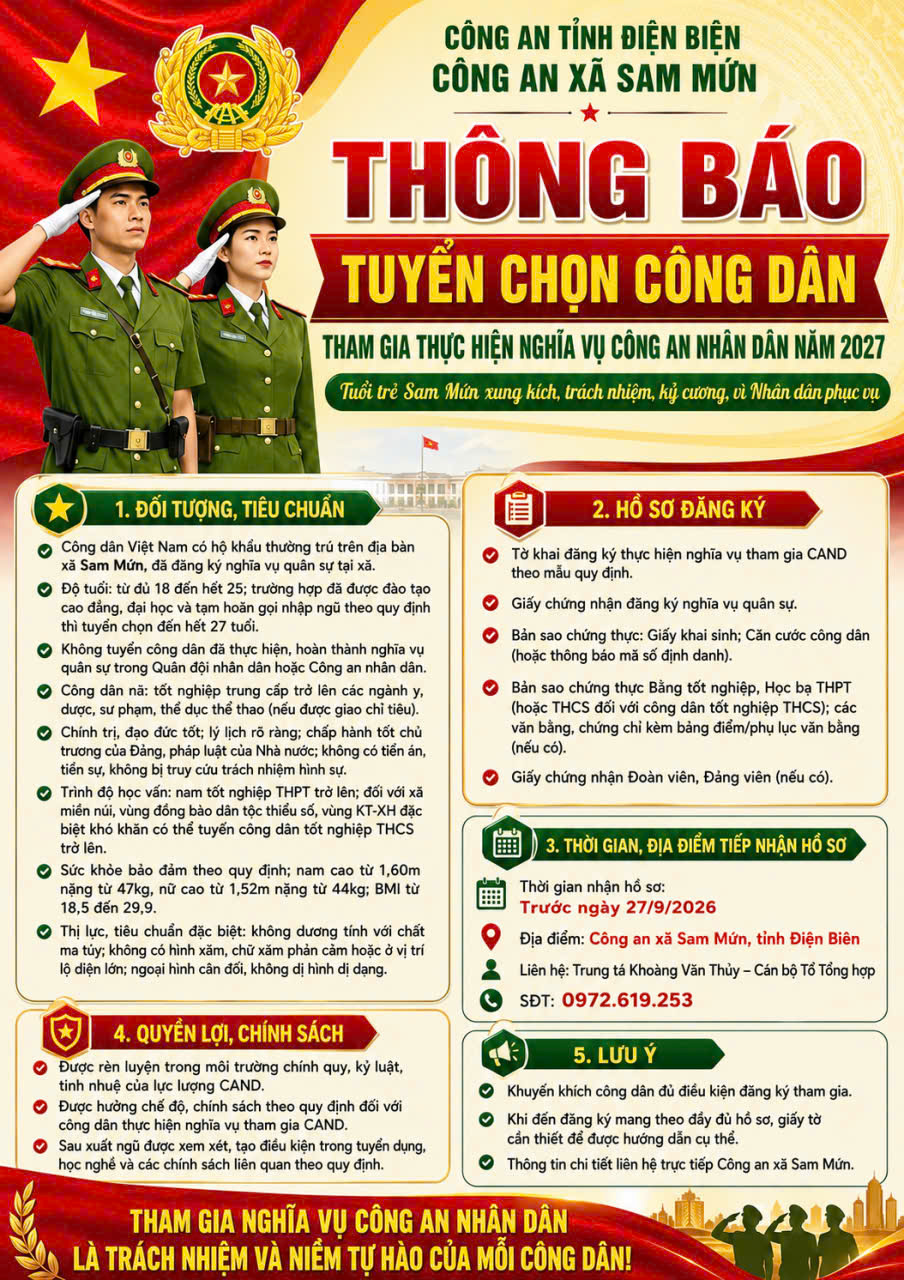 Thông báo Tuyển chọn Công dân tham gia thực hiện Nghĩa vụ Công an nhân dân năm 2027