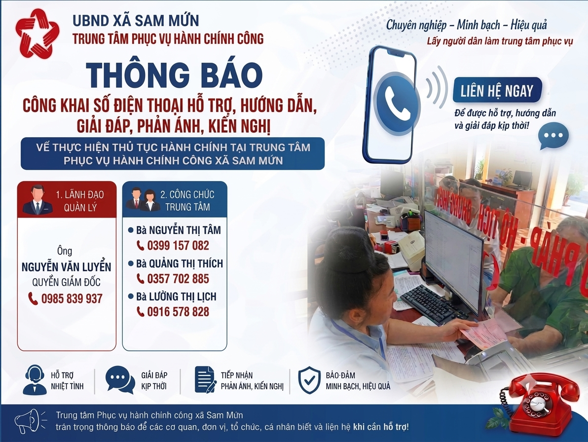 Thông báo công khai thông tin lãnh đạo và công chức làm việc tại Trung tâm Phục vụ hành chính công xã Sam Mứn