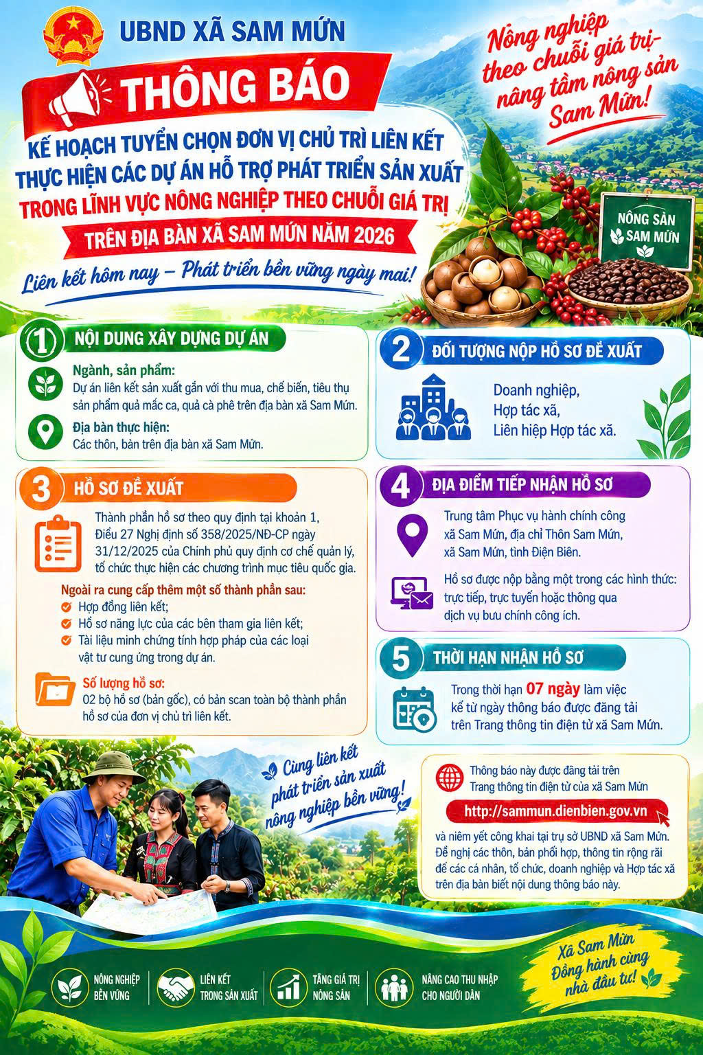 UBND xã Sam Mứn Thông báo kế hoạch tuyển chọn đơn vị chủ trì liên kết thực hiện các dự án hỗ trợ phát triển sản xuất trong lĩnh vực nông nghiệp theo chuỗi giá trị trên địa bàn xã Sam Mứn năm 2026