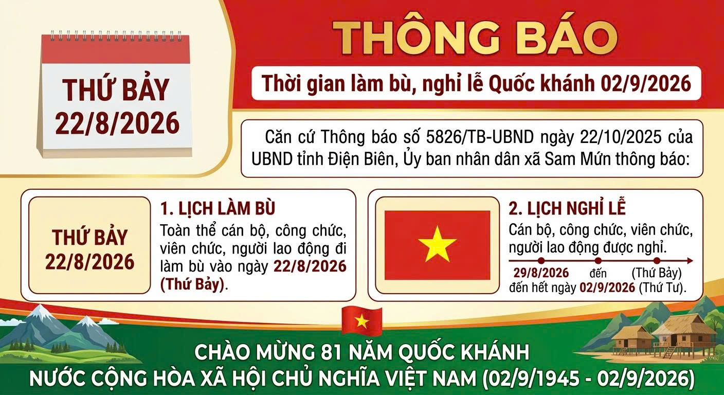 Thông báo về thời gian làm bù và nghỉ lễ Quốc khánh 02/9/2026