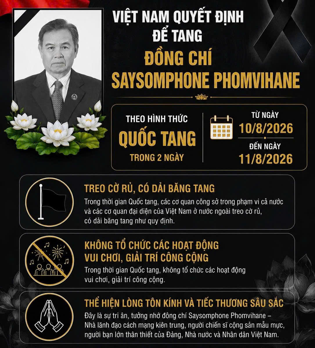 Việt Nam tổ chức Quốc tang đồng chí Xaysomphone Phomvihane, Ủy viên Bộ Chính trị Đảng Nhân dân Cách mạng Lào, Chủ tịch Quốc hội nước Lào 