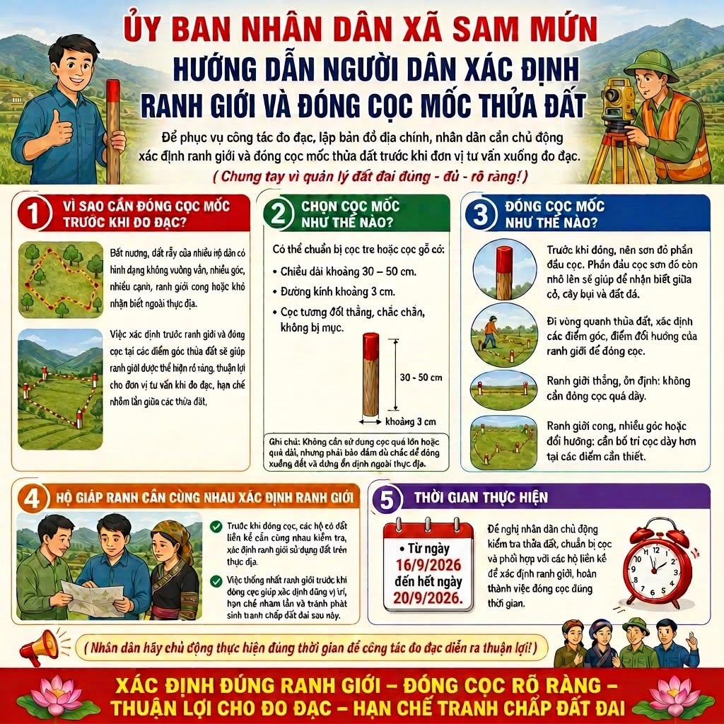 UBND xã Sam Mứn hướng dẫn người dân xác định danh giới và đóng cọc mốc thửa đất