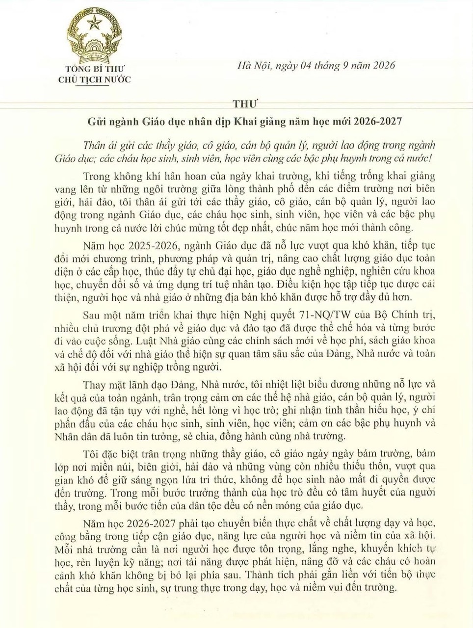 Thư của Tổng Bí thư, Chủ tịch nước Tô Lâm gửi ngành giáo dục nhân dịp khai giảng năm học mới 2026-2027