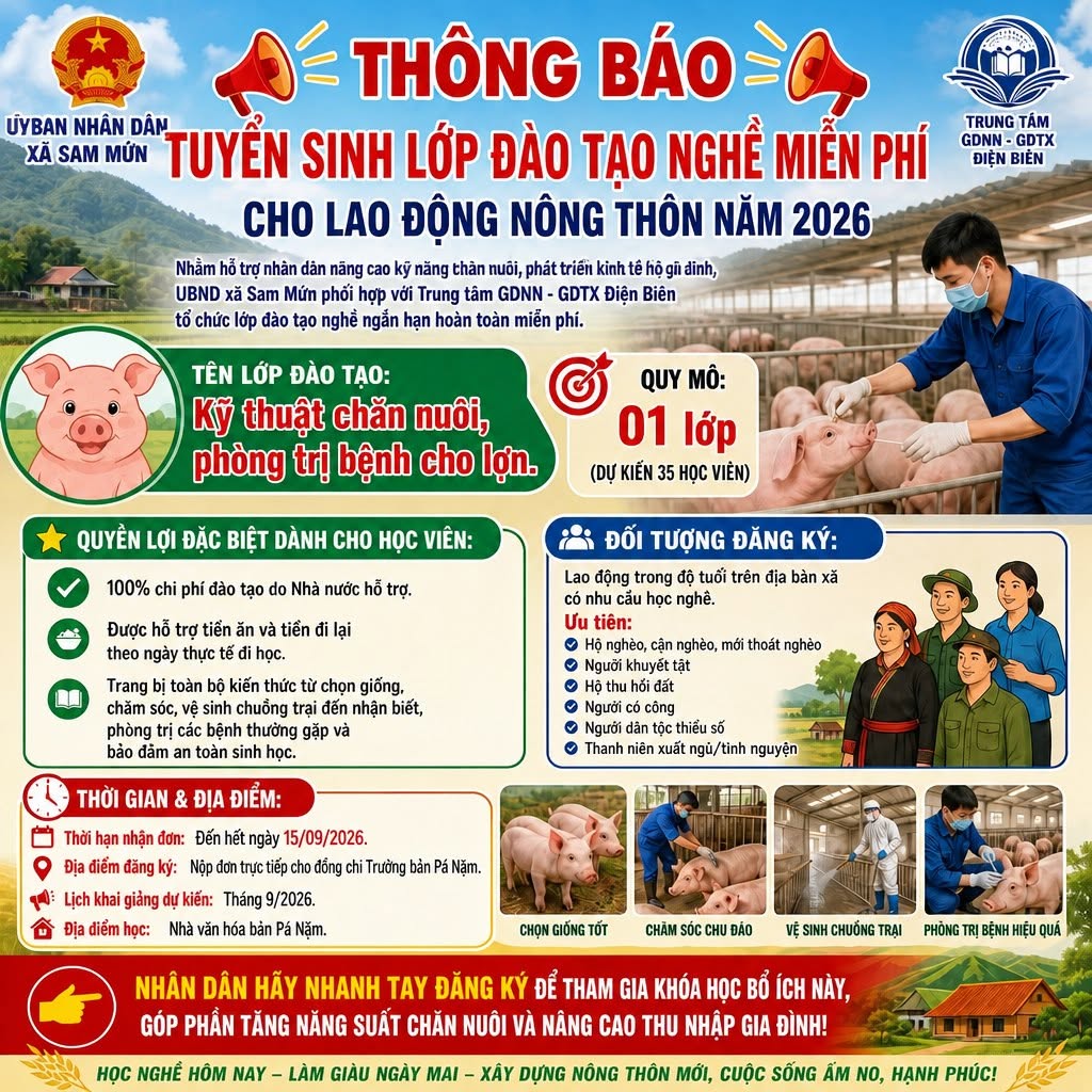 UBND xã Sam Mứn thông báo tuyển sinh lớp đào tạo nghề trên địa bàn xã